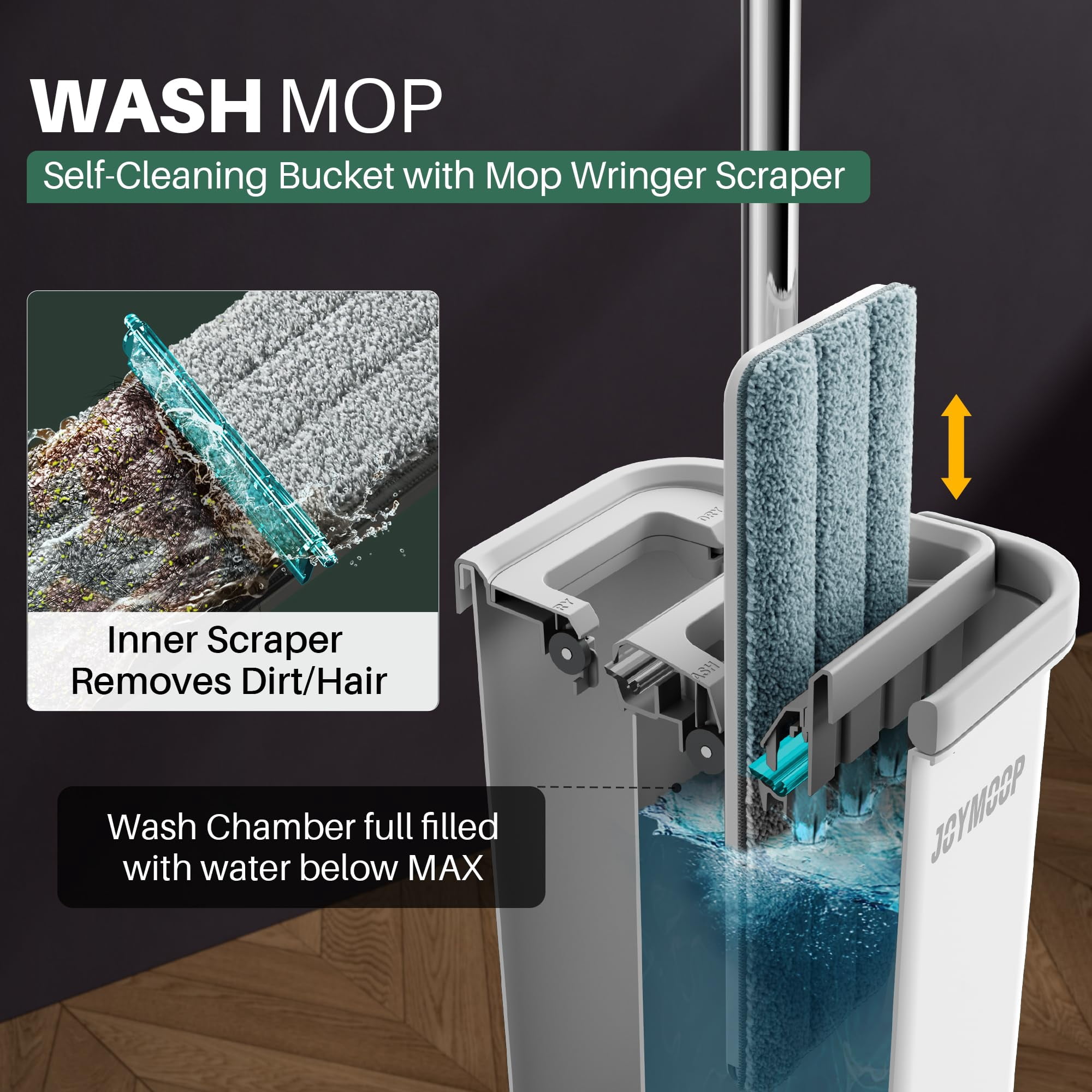 JOYMOOP Flat Mop and Bucket System, Microfiber Mop for Floor Cleaning, White, Suitable for Hardwood, Tile, Laminate and Vinyl Floors, 50" Mop with 1 Microfiber Pad