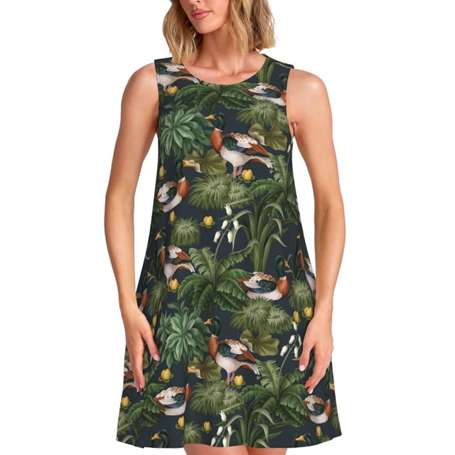Wukai Robe Sans Manches à Imprimé Canards Colverts et Eau pour Femmes, Robe Décontractée Ample pour Femmes, Robe d'Été Confortable Sans Manches