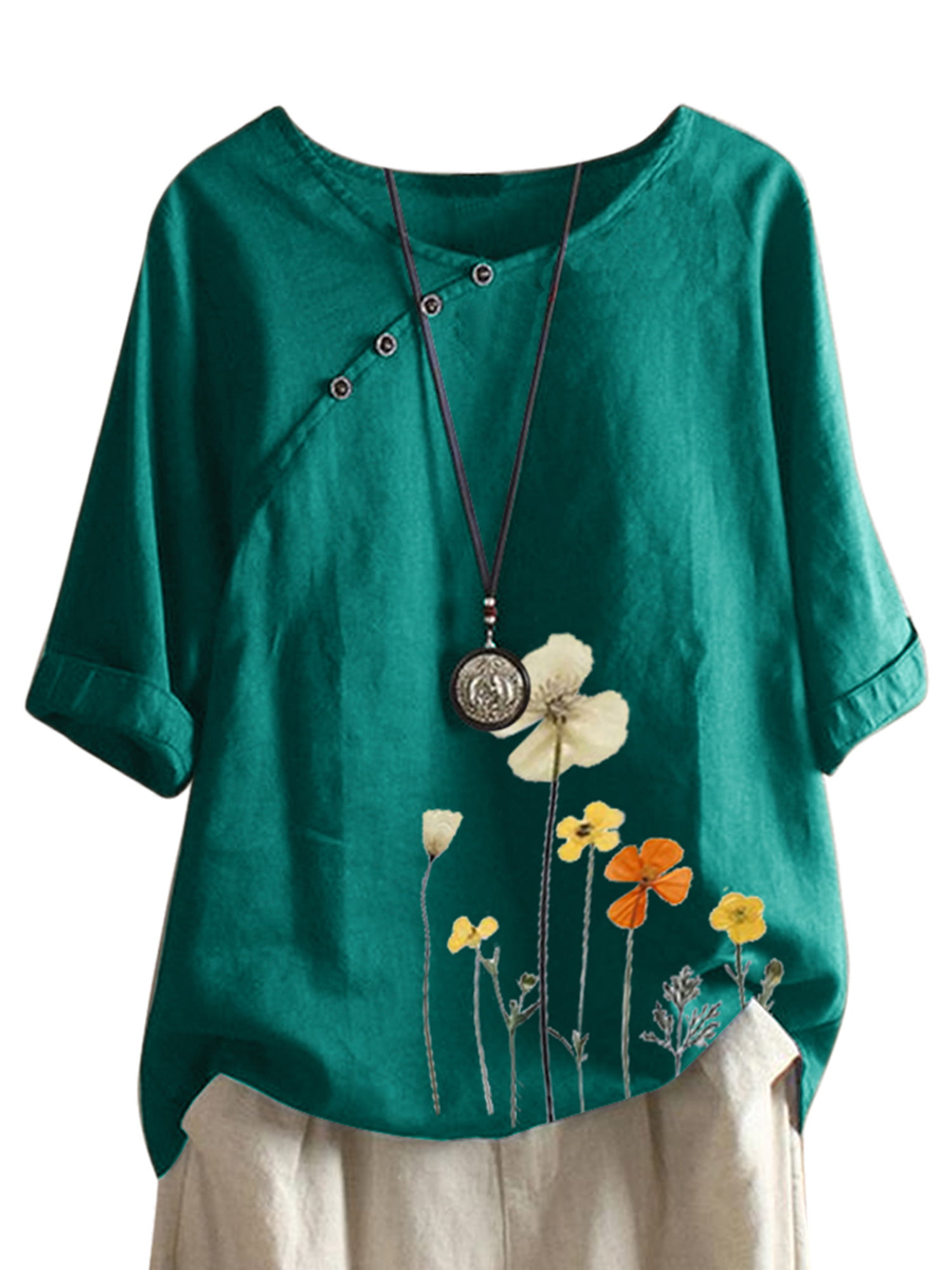 Women Retro Floral Print Top Button Plus Size Short Sleeve Blouse Tunic Shirt US