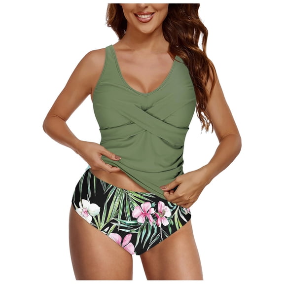 BOBOGOJP RELELCIGA Women’s Tankini Top V Neck Ruched Tummy Control Bathing Suit Top XL for Size Green