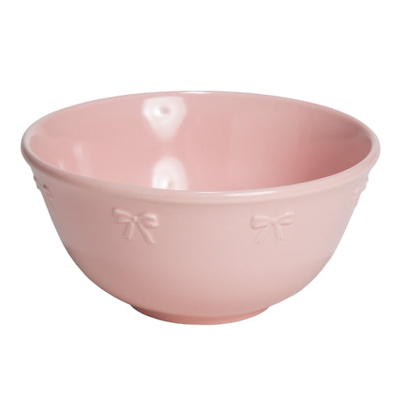 Paris Hilton London Collection 6.25-Inch Ceramic Soup Bowl, Cereal & Snack Bowl, Microwave Safe, Blush Pink with Embossed Bow Detailing