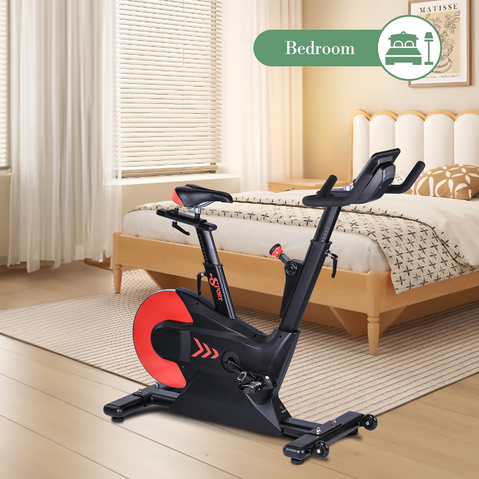 Electromagnetic Resistance Stationary Exercise Bike – 24Lbs Flywheel, Smart Knob, Low-Noise Dual-Triangle Frame, LCD Monitor, App Compatible, Comfortable Indoor Cycling Trainer for Home