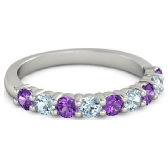 925 Sterling Silver Round 2.50 MM Amethyst Aquamarine Half Eternity Women Stackable Ring Size US- 4