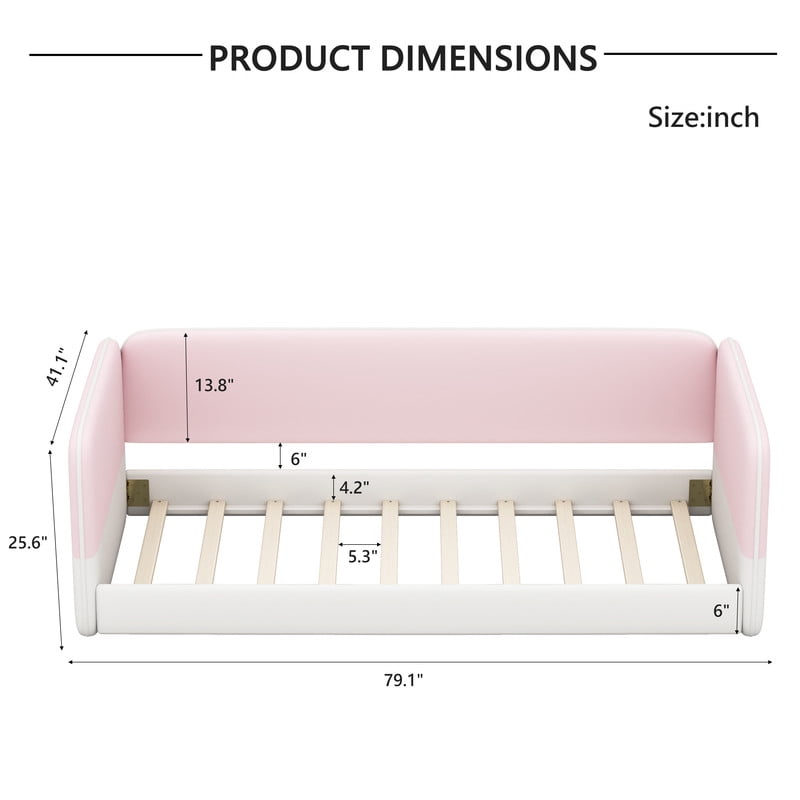Twin Size Kids Low Profile Platform Floor Bed with Headboard and Armrests, Velvet Upholstered Child Daybed Frame with Guardrail