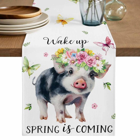 Spring Pig Cotton Linen Table Runner for Dining Kitchen, Butterfly Botanical Floral Summer Wedding Outdoor Party Tablerunners Decoration, Dresser Scarf Coffee Tablecloth Runners 13x48 Inches