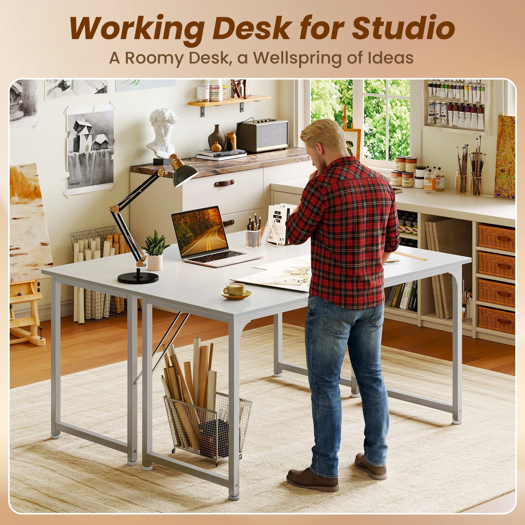 54" Computer Desk, Modern Office, Study & Gaming Desk with Storage, Large Legroom, Sturdy Metal Frame