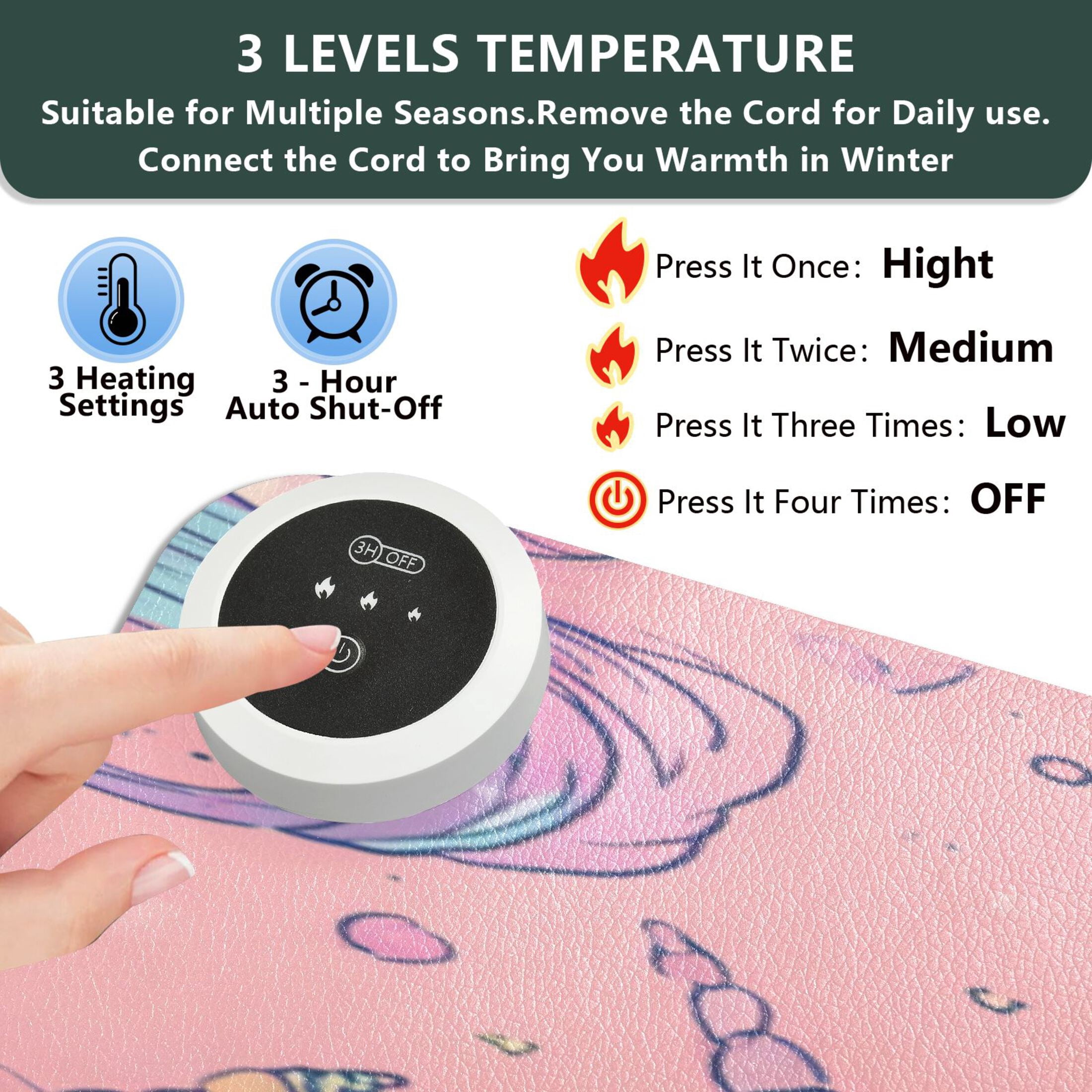 Large Heated Desk Mat Mouse Pad 31.5"x13"PU Leather Graphene Heating Desk Warmer with 3 Temperature Settings 110V US Plug Non-Slip Warm Pad for Home, Office, and Gaming Soft Pink Unicorn Illustration