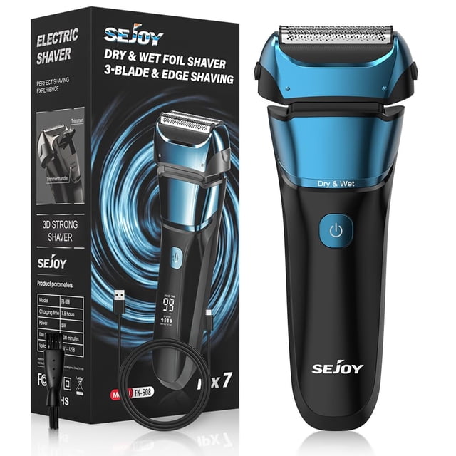 Afeitadora eléctrica Sejoy para hombre, afeitadora de láminas en seco y húmedo con 3 cuchillas y área de afeitado de bordes, motor de alta velocidad de 7500 RPM, pantalla digital de potencia, IPX7, af
