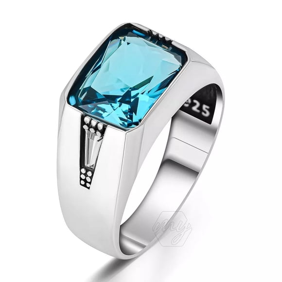 Natural 925 Sterling Silver Aquamarine Stone Turkish Men's RingMarch birthstone Father's Day gift