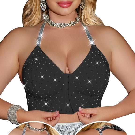 Valcatch Women's Sparkly Plus Size Front Closure Bra Halter Neck Wireless Bra