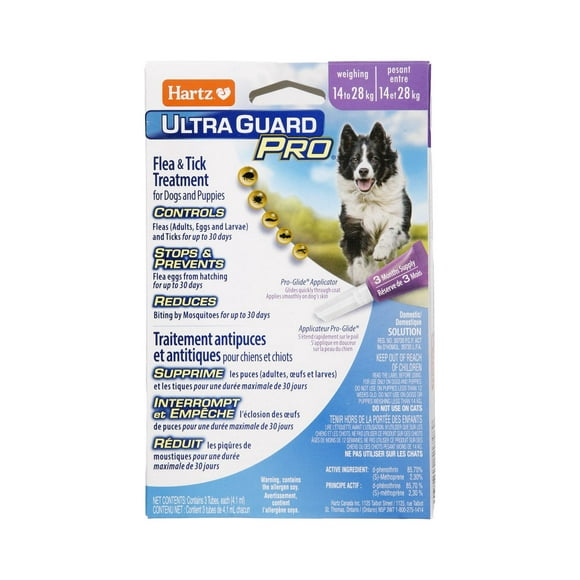 Hartz Ultraguard plus Flea & Tick Treatment for Dogs And Puppies 14 to 28 Kg, Each package contains 3 tubes, usage 1 tube per month. Do not use on dogs under 12 weeks of age.