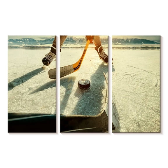 Elephant Stock Hockey Sunset Play Wall Art - Horizontal Multi Panel Canvas - Living Room Wall Decor - Sports Multi Panel - Gray And Orange Decor - 23" x 14"
