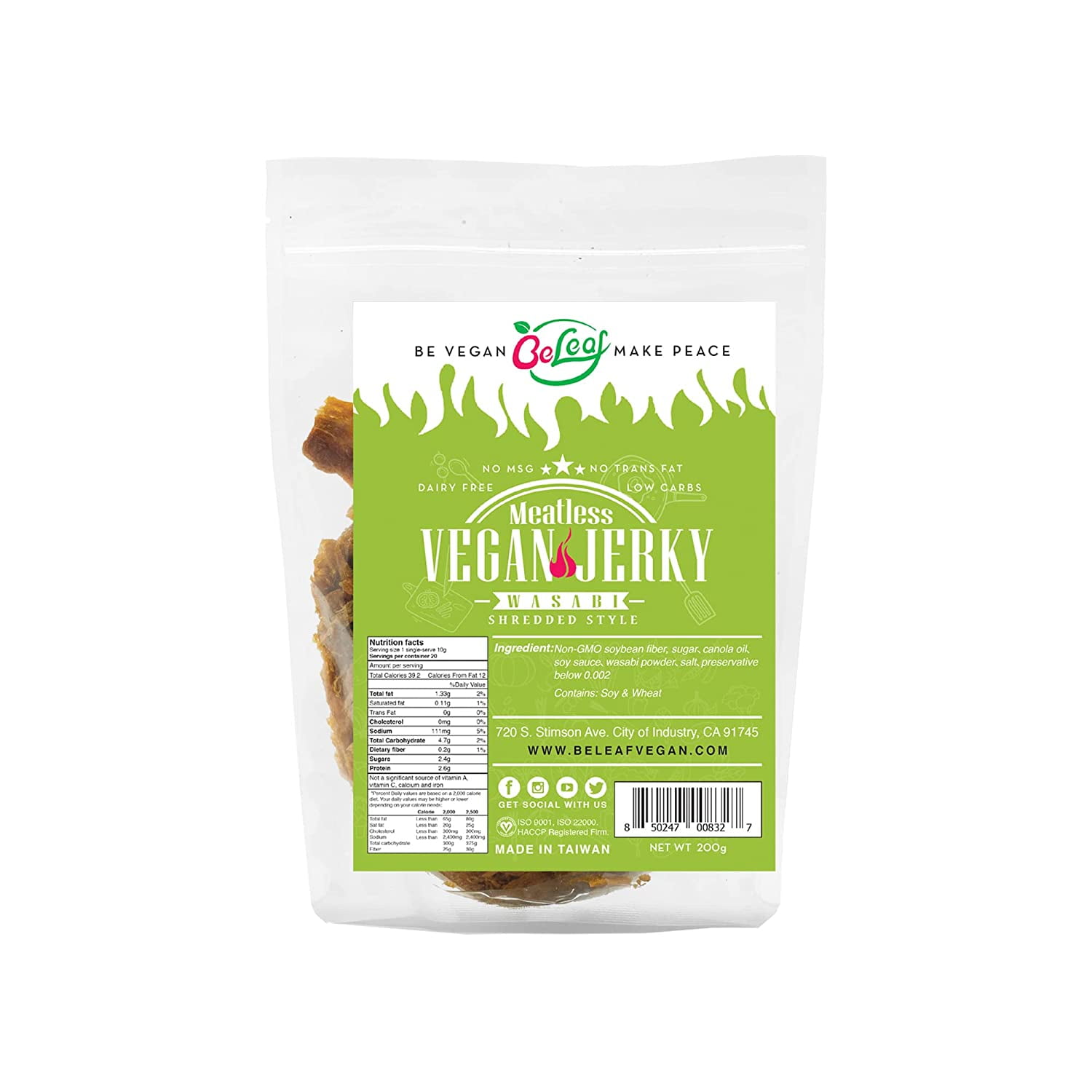 BELEAF Wasabi Vegan Jerky Wasabi Hot Meatlike PlantBased Jerky