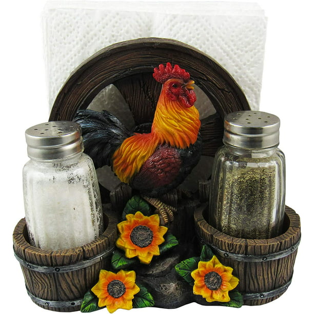 Dwk Country Diner Rooster With Wagon Wheel Farm Barrel And Sunflowers Napkin Salt Pepper Shaker Holder Home Décor Kitchen Accessory Dining Accent 3 Piece Set 6 Inch Com - Dwk Home Decor And Accessories