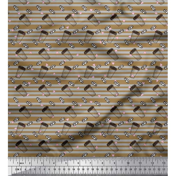Soimoi Brown Cotton Voile Fabric Cookies,Glass & Heart Stripe Print Fabric by Yard 42 Inch Wide