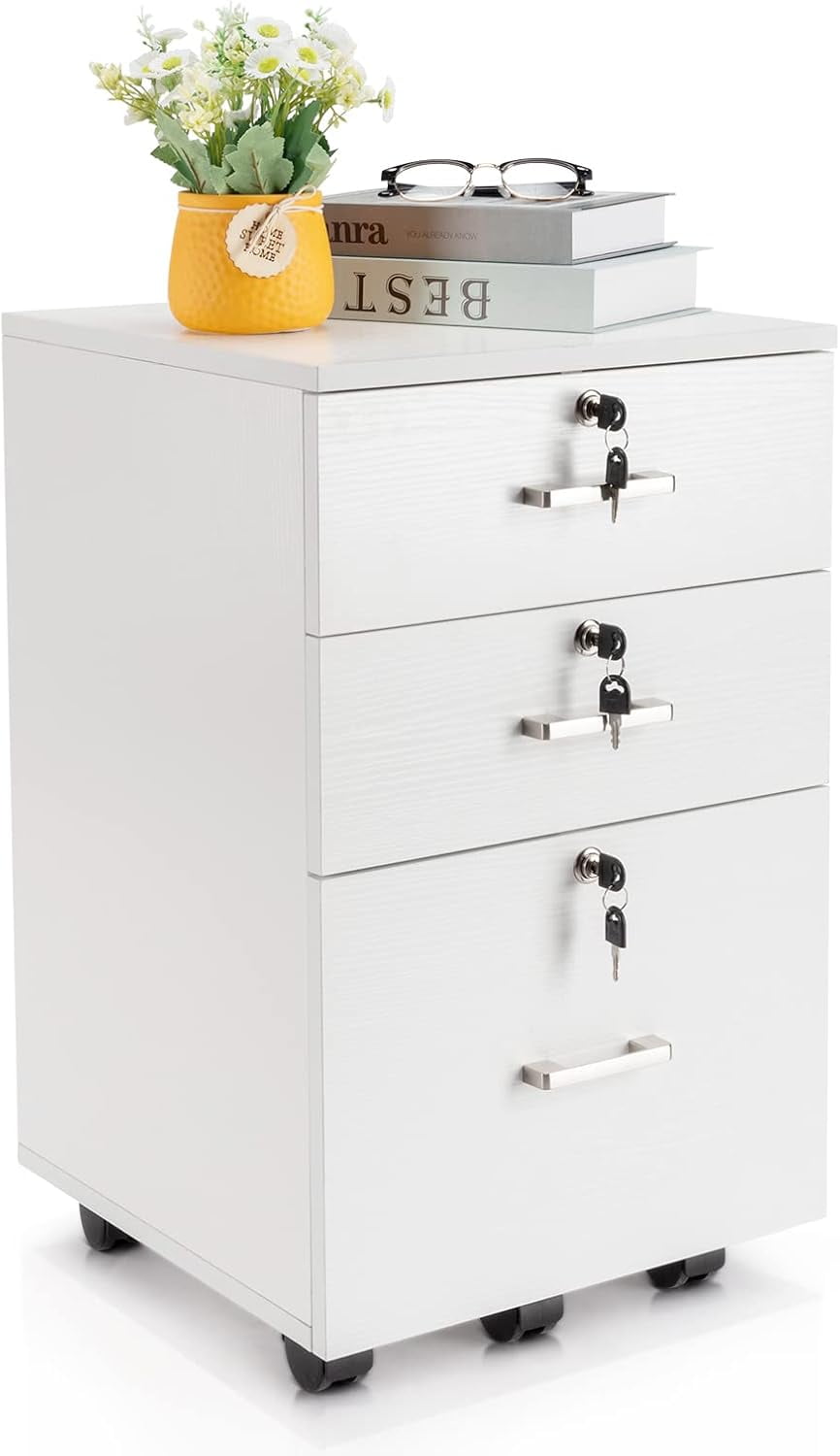 2 Drawer File Cabinet with Lock, Wood Grain Walnut File Cabinet for Letter Size File Folders with Tabs, Under Desk Rolling File Cabinets for Home Office, Mobile Filing Cabinet Printer Stand