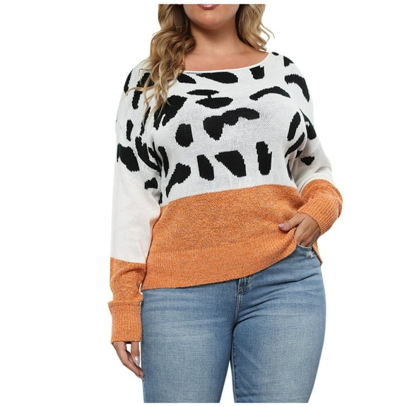Sweaters for Women Plus Size Crew Neck Leopard Print Knit Top Fall Long Sleeve Pullover Jumper Shirt (Orange L)