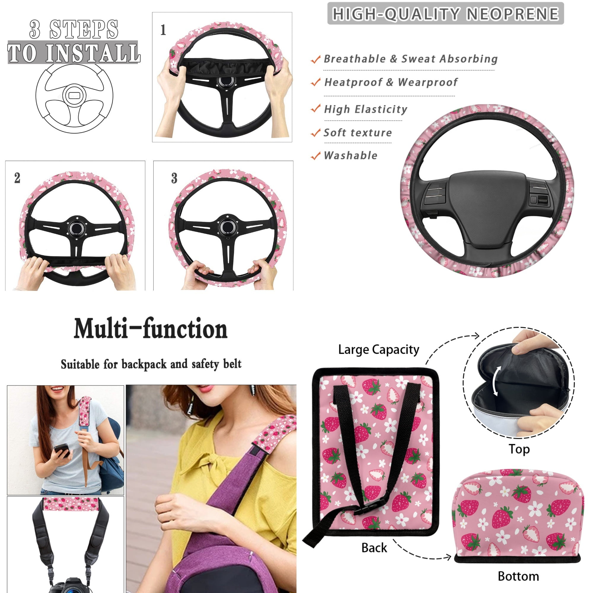 Yuyamidu Pink Strawberry Car Seat Cover Set 15 PCS Flower Steering Wheel Cover Seat Belt Cushion Pad Garbage Bag Air Vent Pocket Rearview Mirror Cover Coasters Keychain for SUV Sedan Van