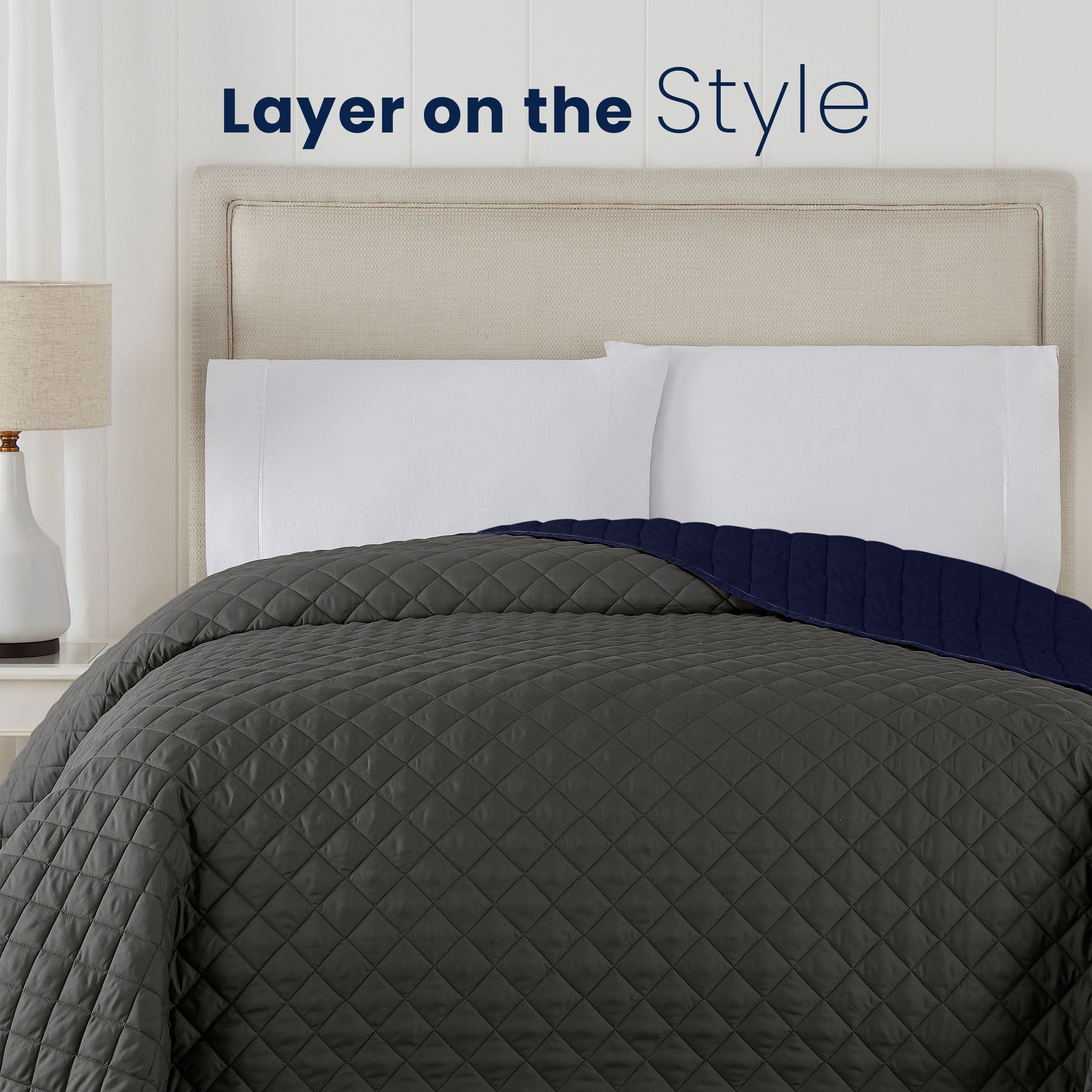 Martex Reversible Microfiber King Coverlet, Soft Lightweight Bedding, Graphite/Navy