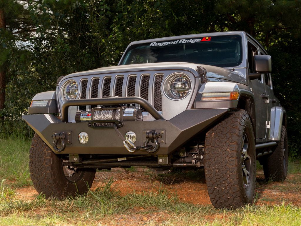 Rugged Ridge by RealTruck Spartan Bumper, Front for Jeep JL/JT|Full-Width w/ High-Clearance Ends & Overrider, Steel, Textured Black Compatible with 2018-2024 Jeep Wrangler JL; 2020-2024 Gladiator JT