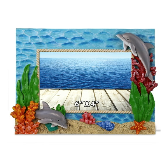 CoTa Global Dolphin 4x6 Nautical Frame - Colorful Nautical Dolphin Photo Frame for Summer Vacation Memory, Handmade Tropical Dolphin Nautical Picture Frame For Tabletop or Wall Hang - 6 Inches