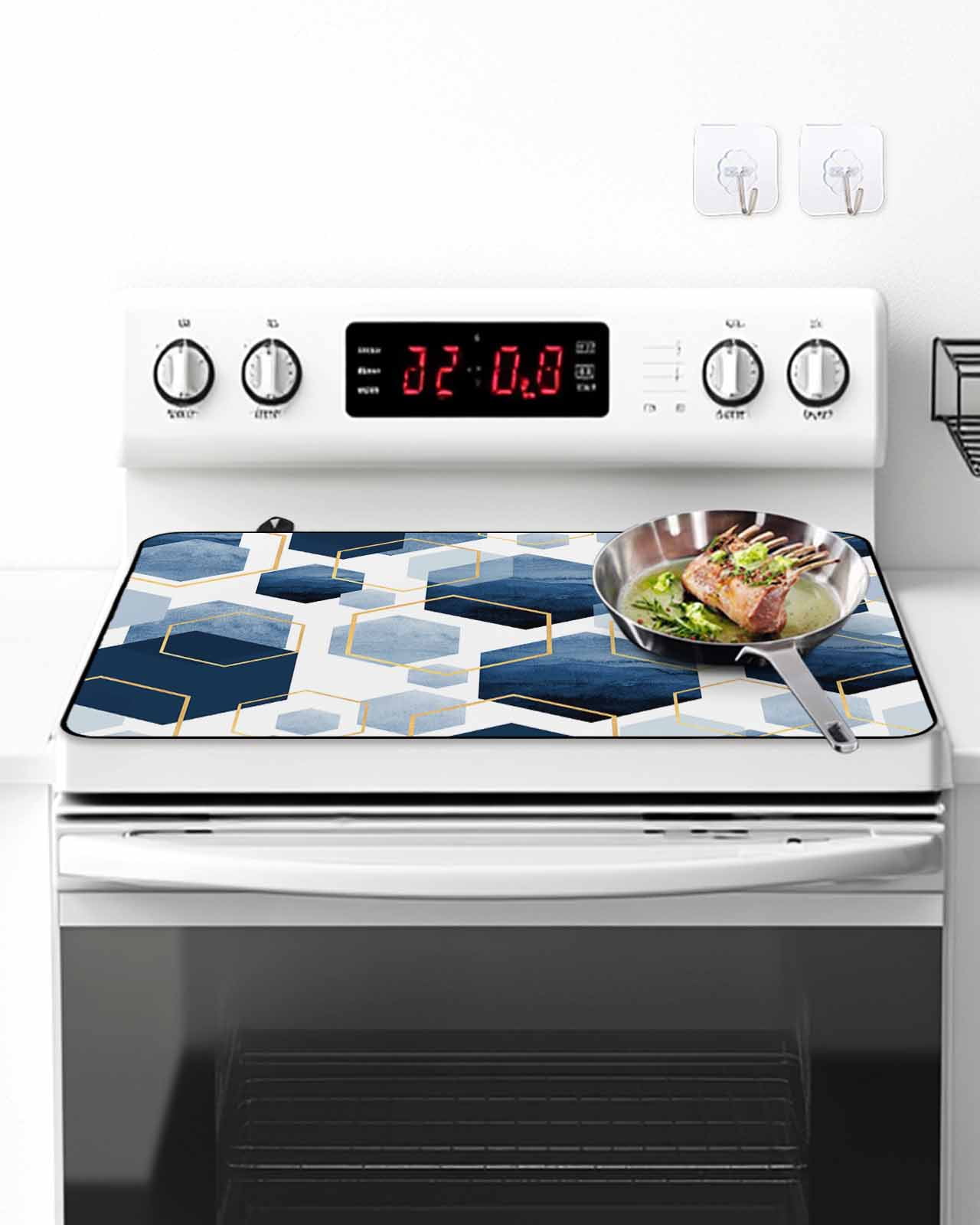 Stove Top Covers for Electric Stove, Navy Blue Marble Glass Stovetop Cover Protector, Gold White Geometric Hexagon Modern Induction Cooktop Protector Oven Mat for Kitchen Countertop 36"x21"