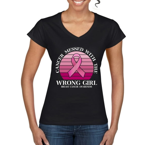 Wild Bobby Cancer Messed With the Wrong Girl Breast Cancer Awareness Women Standard V-Neck Tee, Black, Small