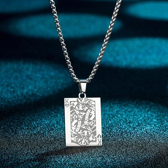King of Hearts with Skull Necklace Large Playing Card Stainless Steel Pendant