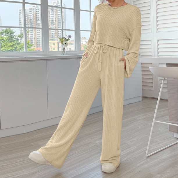 Pantalones Trajes casuales de 2 piezas para mujer, suéteres sueltos y pantalones palazzo, traje simple para el hogar Cgtredaw Beige T L para Mujer