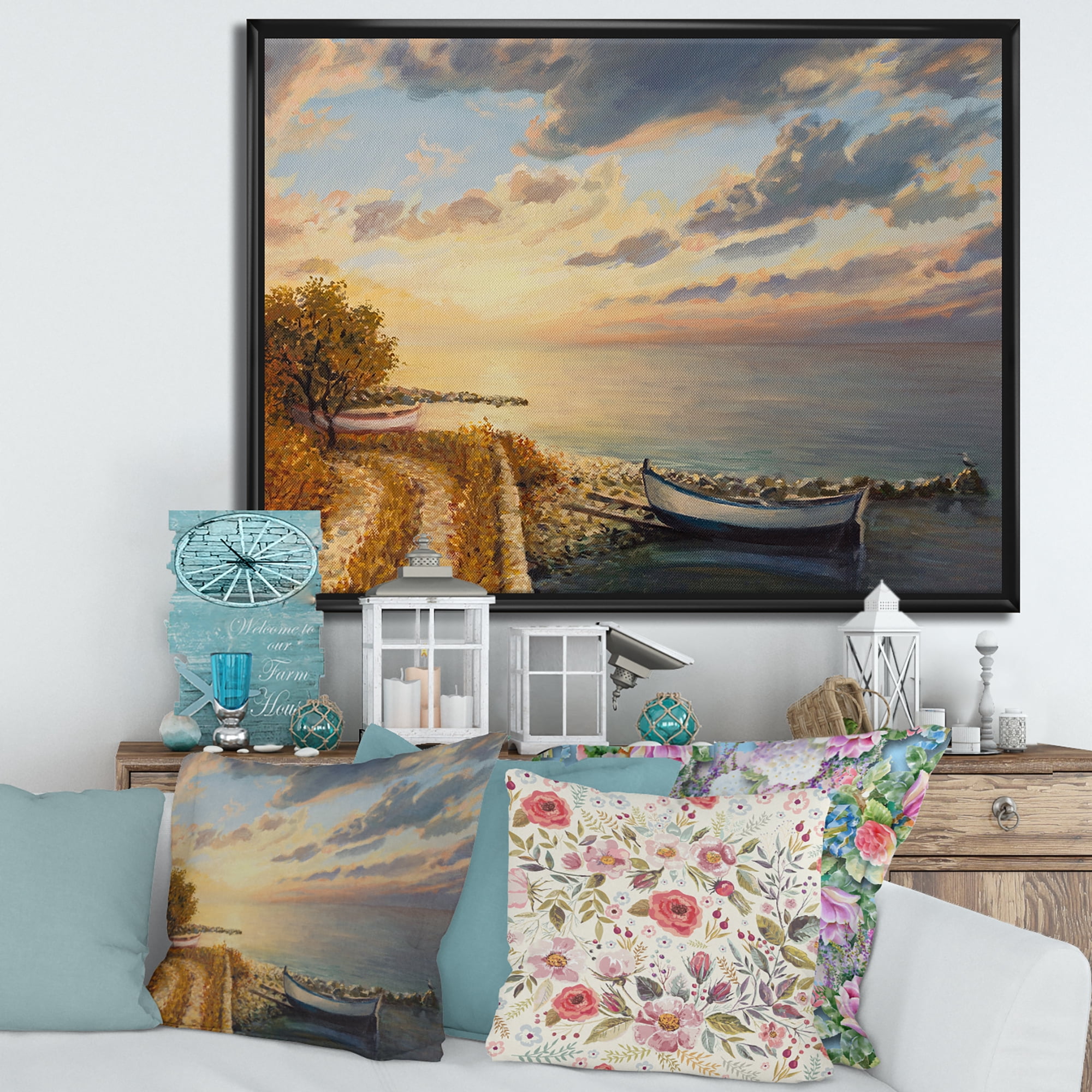 Designart 'Romantic Morning By The Sea' Nautical & Coastal Framed Canvas Wall Art Print