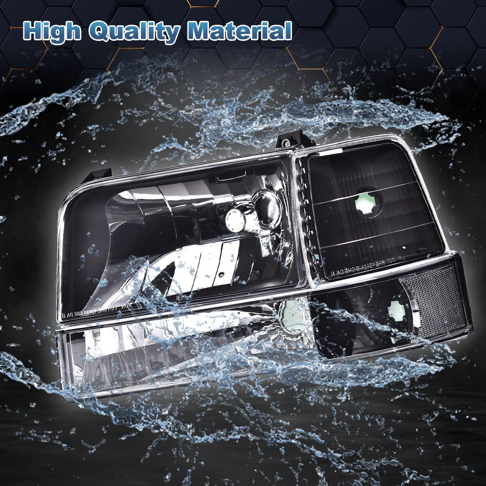 PIT66 Headlights HeadLamps w/Corner Signal Bumper Lamps Clear Lens Black Housing Clear Reflector Fit for 92-96 Ford F150/250/350 Bronco