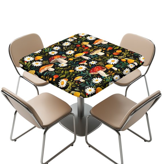 FKELYI Daisy Floral Mushroom Print Square Fitted Tablecloth Polyester Table Covers with Elastic Edge Waterproof Decor Table Cloth for Holiday Party Banquet Dinner, 34x34 inch