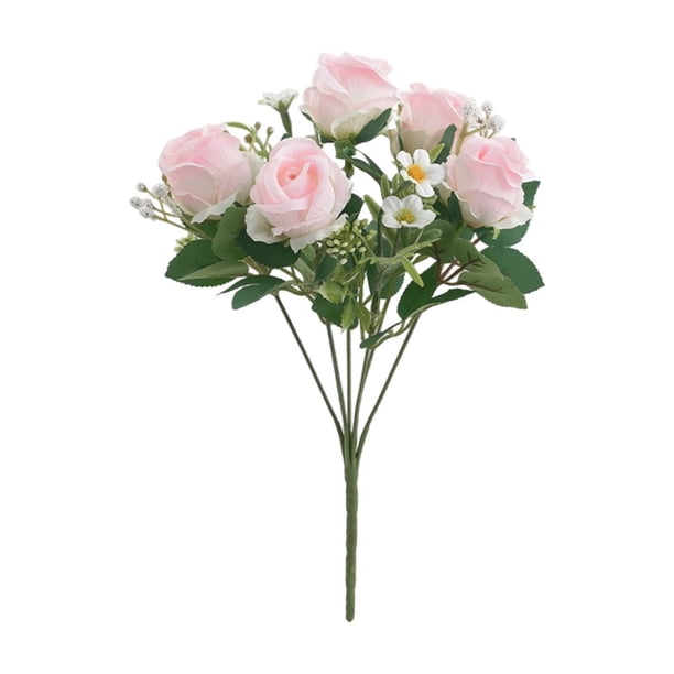 Ramo de rosas de seda artificial | Tallos de rosa falsa de color champán con acentos de plantas acuáticas | Flores decorativas realistas para centro de mesa de oficina en casa | 7 Cabezas | 32cm de