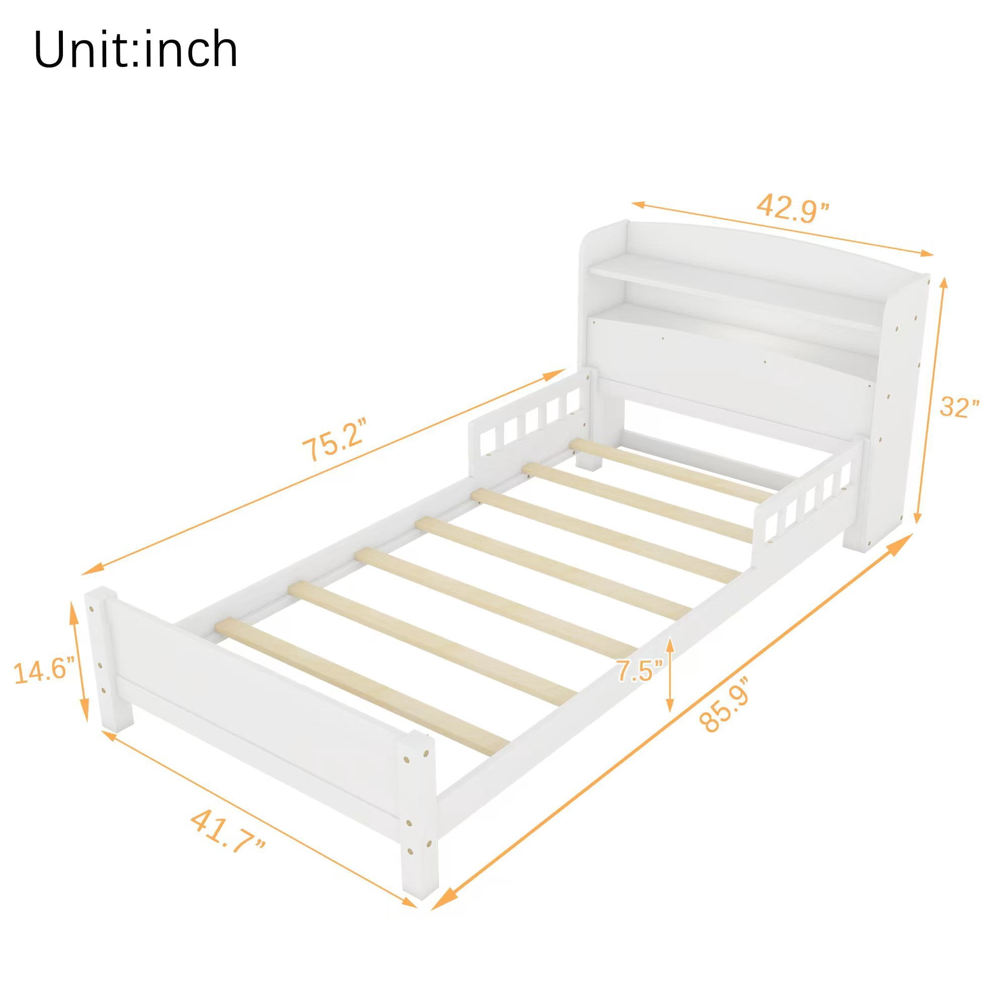 Leumius Twin Pine Wood Bed with Bookcase Headboard, LED Motion Sensor Light, Guardrails for Boys Girls White