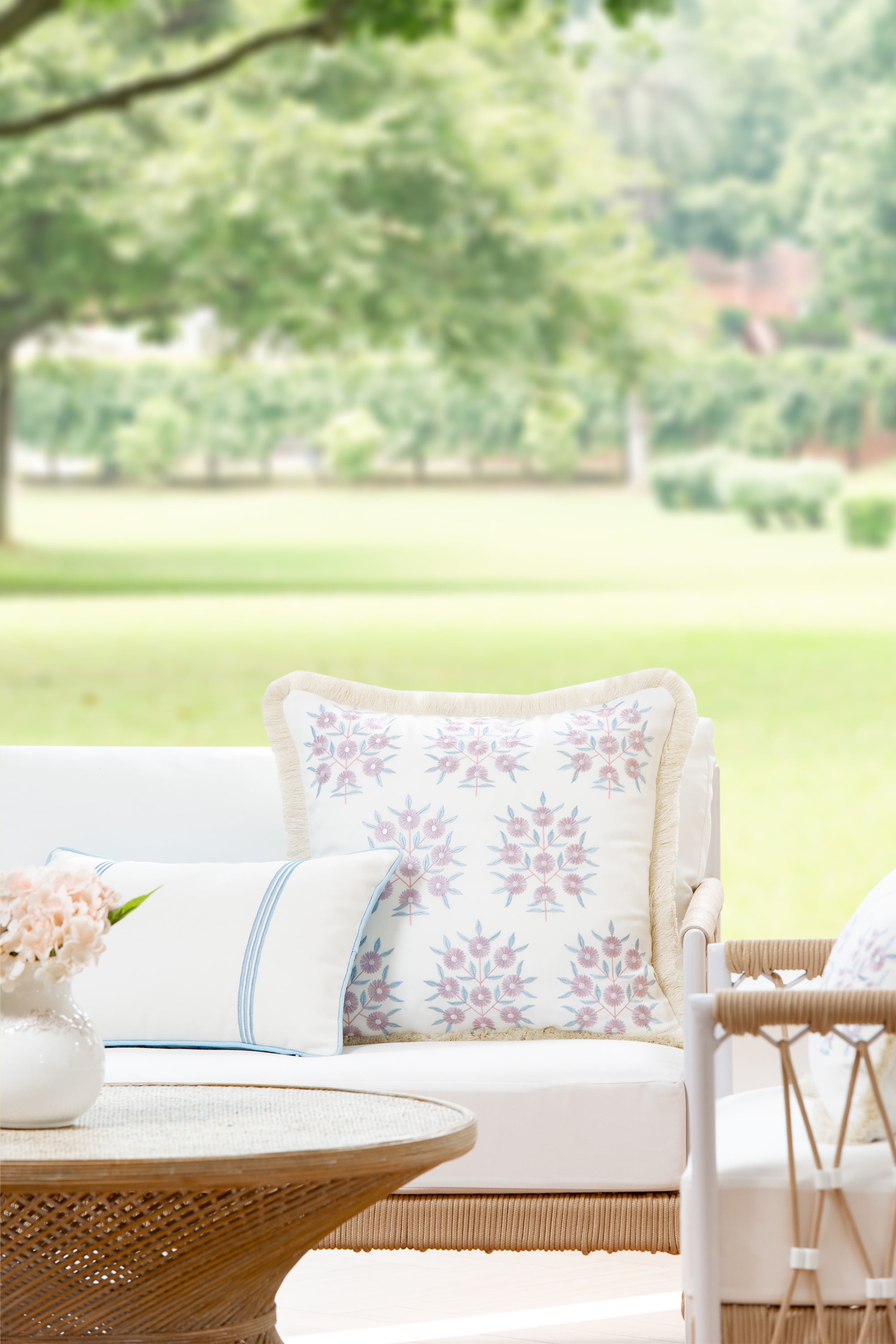Hofdeco Premium Coastal Patio Indoor Outdoor Throw Pillow Cover Only, 20"x20" Water Repellent for Backyard, Couch, Blush Pink Embroidered Floral with Fringe