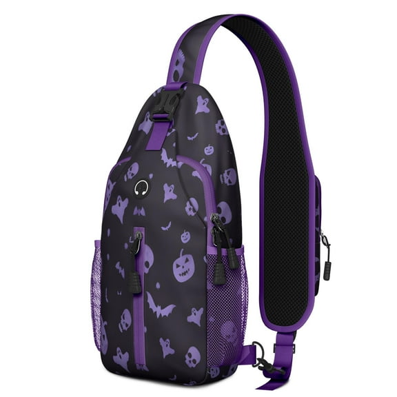 Sling Backpack,Purple Halloween Ghosts Skulls and Bats Crossbody Bag with Water Bottle Holder,Waterproof Sling Bag for Men/Women with Chest Phone Holder for Hiking,Travel