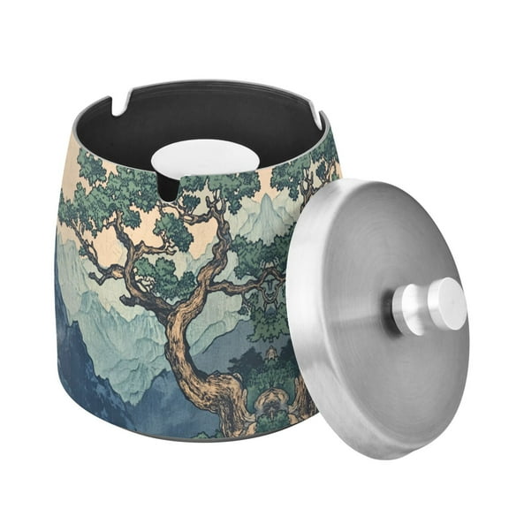 Yayeee Ashtray with Lid for Cigarette Smokeless Stainless Steel Home Ash Holder, Tree in The Mountains
