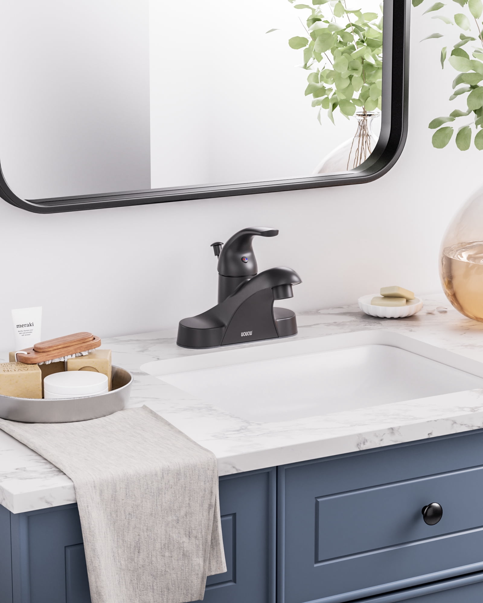Wowow Matte Black Bathroom Faucet 4 inch Centerset Single Handle Faucet with Lift Rod Drain Assembly, Rv Lavatory Taps 3 Hole