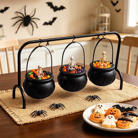Lumikrypt Halloween Decorations Cauldron Bowls, Set of 3 Witches Cauldron Candy Serving Bowls on Rack, Black Plastic Cauldron, Halloween Party Decorations, 22.4" x 11" x 4.92"