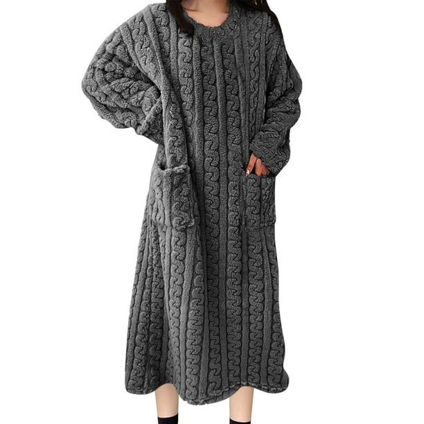 Camisón largo de moda para mujer, bata de baño alargada, abrigada, de manga larga, con bolsillo