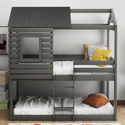 Twin Over Twin Bunk Bed Wood Loft Bed With Roof Window Guardrail Ladder For Kids Teens Girls Boys Gray Walmart Com Twin Over Twin Bunk Bed Wood Loft Bed With Roof Window Guardrail Ladder For Kids Teens Girls Boys Gray Walmart Com