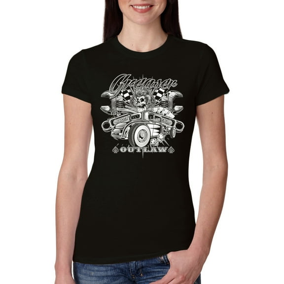 Wild Bobby, Greaser Outlaw Hot Rod Gambling Mechanic Pop Culture Womens Slim Fit Junior Tee, Black, Small
