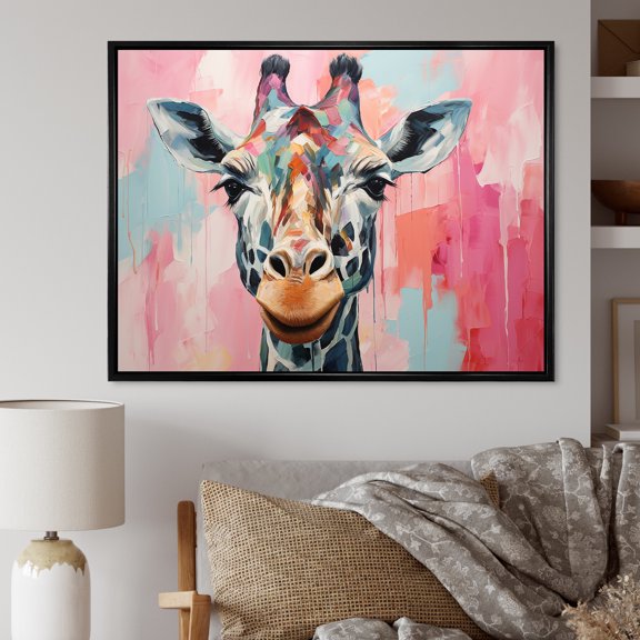 Designart "Giraffe Portrait Brown and Pink Palette" Animals Framed Wall Art - Modern Farmhouse Brown Giraffe Living Room Framed Canvas Art