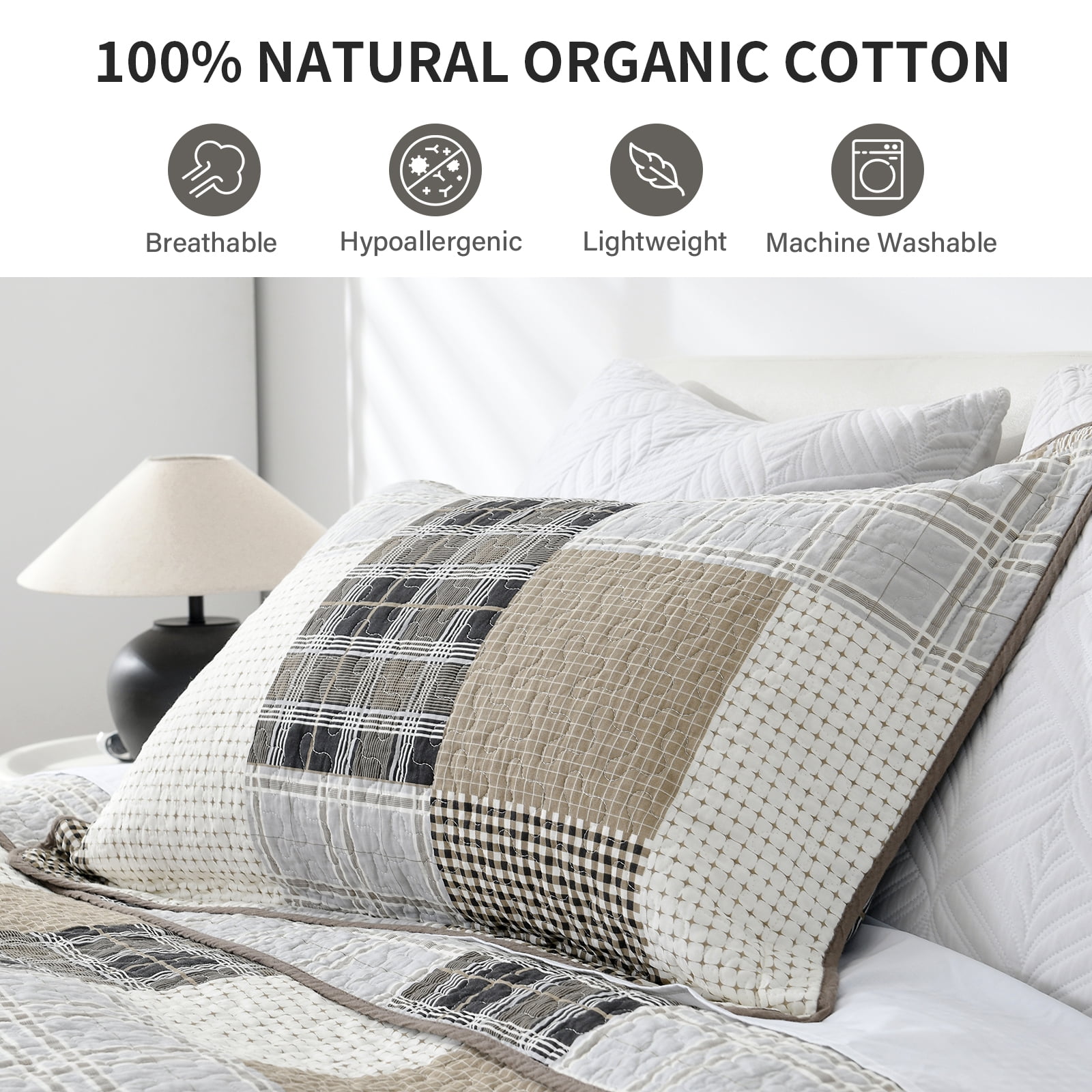 DDUOXIN Queen Size Quilt Set - 100% Cotton Beige/Brown Patchwork Plaid Farmhouse Quilt for Queen Bed, Lightweight Winter Quilt Reversible Thin Comforter Set with 2 Pillow Shams, 3-Piece 98"x90"