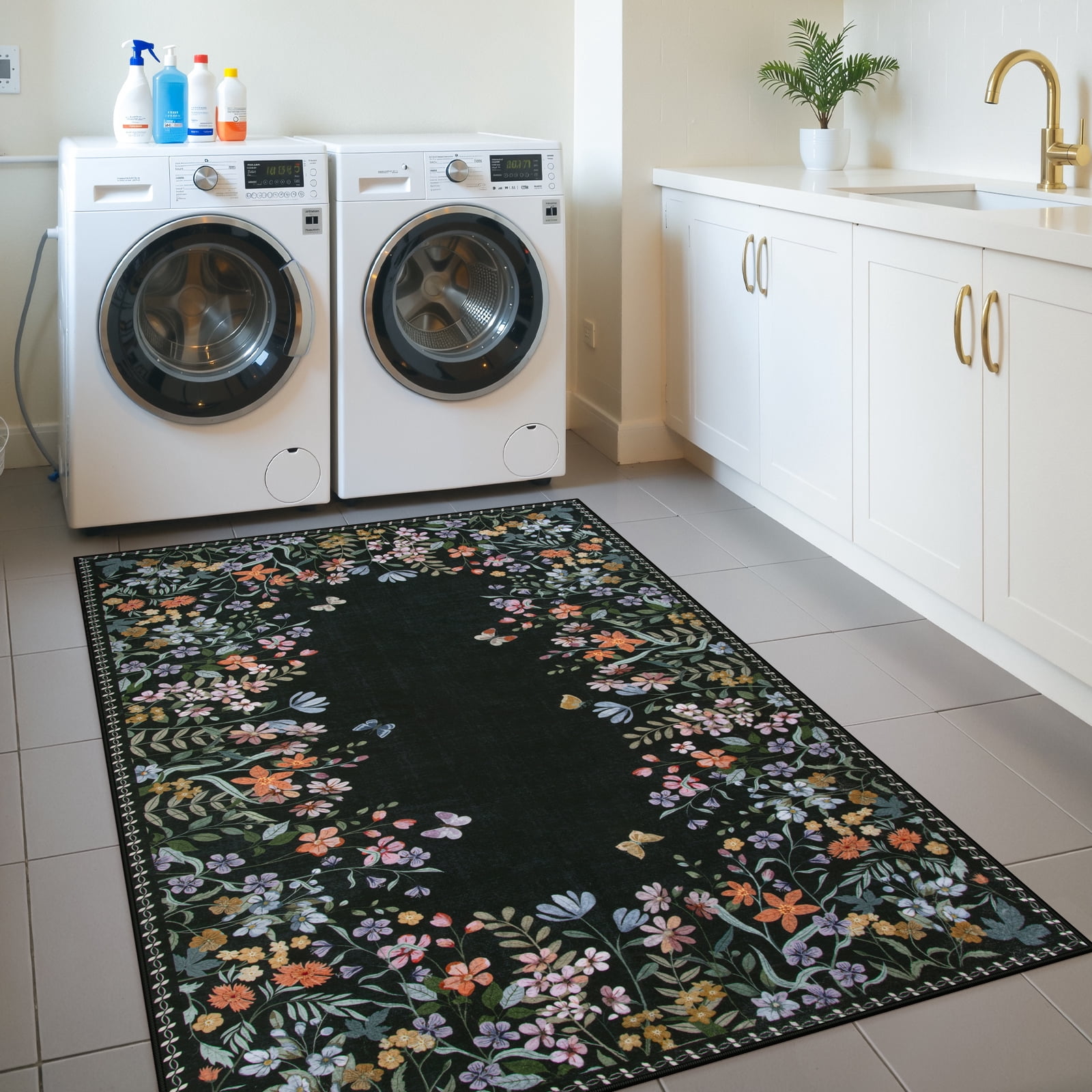 Wonnitar 4'x6' Floral Area Rugs for Living Room, Washable Rugs for Bedroom Stain Resistant Black Vintage Throw Rugs for Dining Home Office Room Sunroom, Soft Non Slip