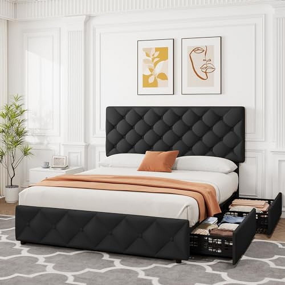 2025 New Queen Size Bed Frame with 4 Storage Drawers, Faux Leather Upholstered Platform Bed Frame with Adjustable Headboard, Diamond Stitched Button Tufted, No Box Spring Needed