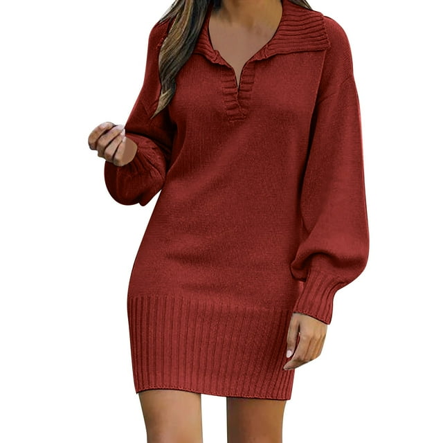 Robe en Laine à Manches Longues pour Femmes, Longueur Moyenne, Tricotée