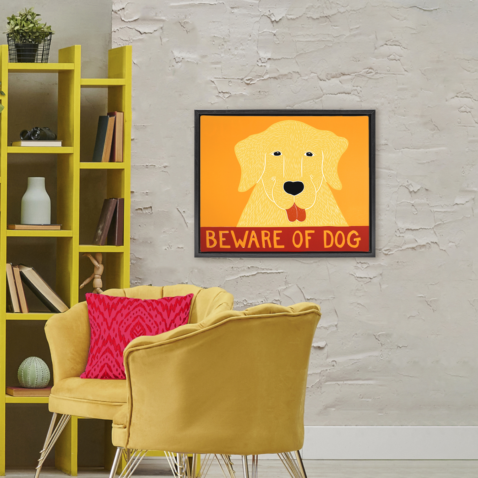 Beware Of Dog Yellow & Red Black Framed Floater Canvas Wall Art, design by Stephen Huneck