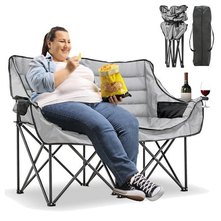 Slsy XXXL Double Camping Chair, Oversized Loveseat Camping Couch, Fully Padded Heavy Duty Outdoor Folding Chair w/ 2 Cup & Wine Glass Holder Support 900 lbs