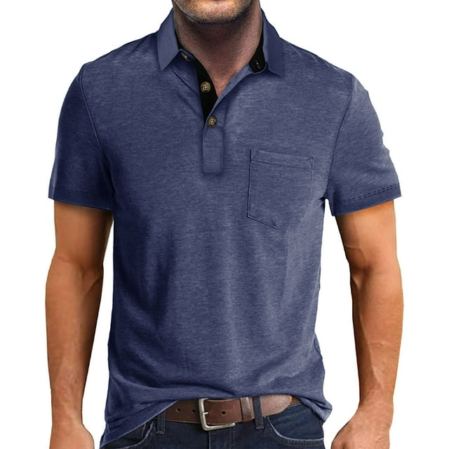 FhsagQ Men's Shirts Mens Shirts Tops Cotton Xl Comfortsoft Male Summer and Spring Solid Color Lapel Short Sleeve Button Neck Striped Oversized Shirt Top Men Shirts Cotton Tops Dark Blue S